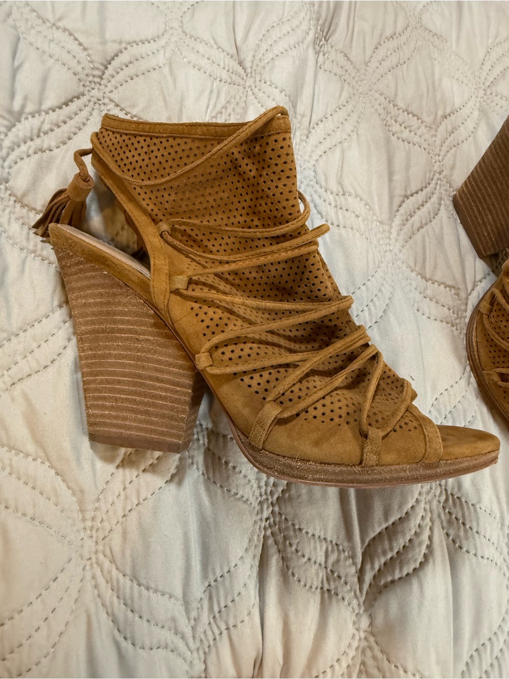 Vince Camuto Tan Perforated Suede Lace-Up Wedge Sandals - Picture 5 of 13